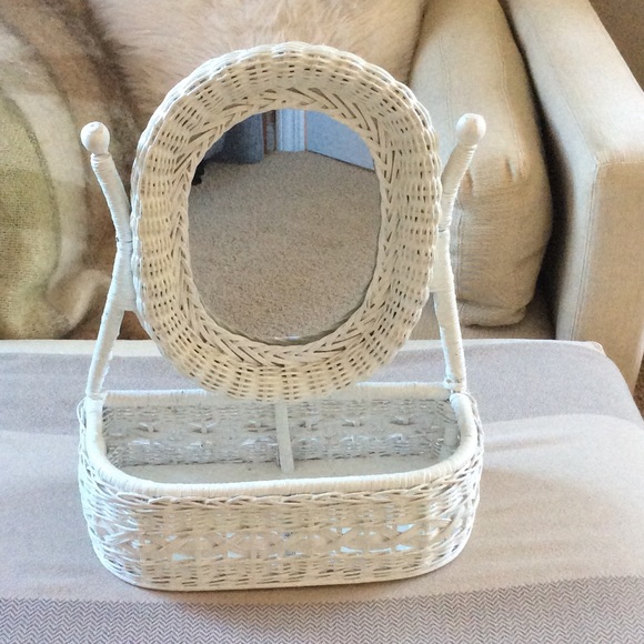 Vintage White Wicker Tabletop Mirror W/Basket 70s